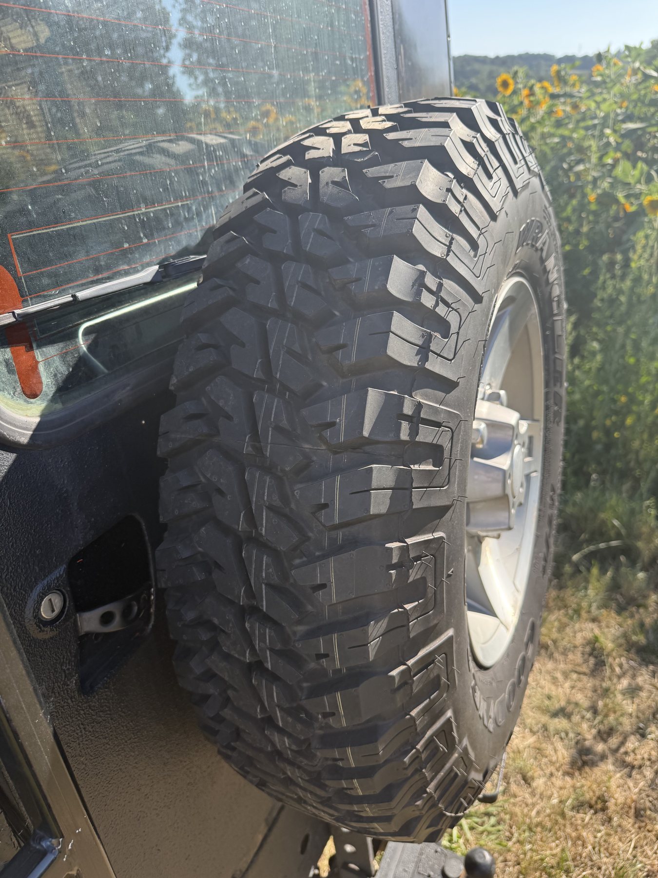 Close-up of the rear-mounted spare tyre tread